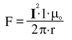 Formel L.2: Kraft auf Abschnitt l zwischen zwei gegensinnigen Strömen I im Abstand r